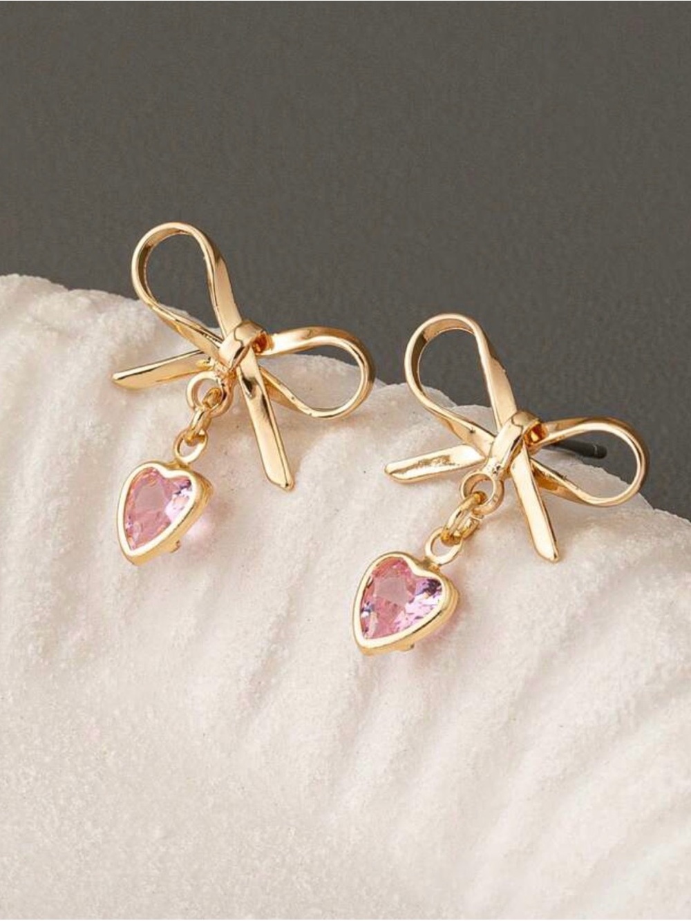 Gold Bow Earrings with Pink Heart Charm - Picture 2 of 3